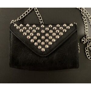 JJ Winters Studded Leather Alice Crossbody Clutch Purse Black Silver Chain Mini